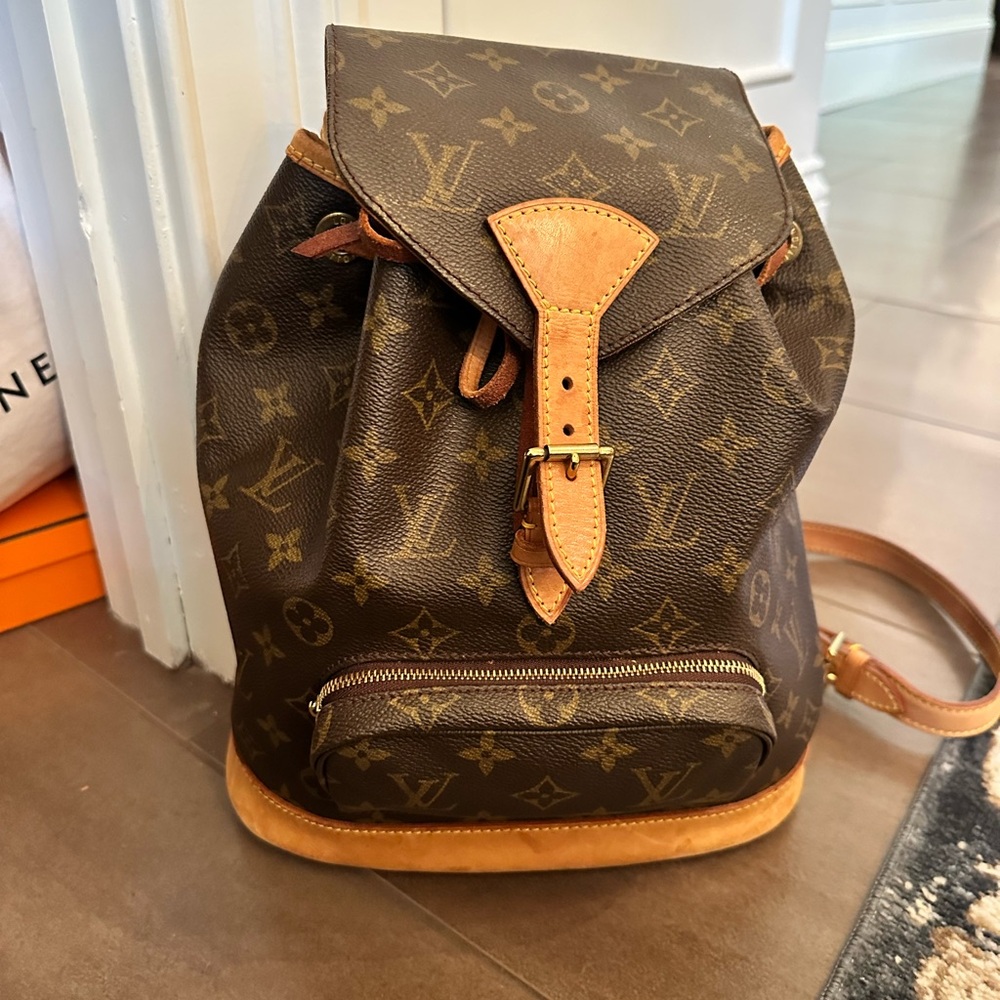 Louis Vuitton Montsouris Brown Tan Monogram Backpack with Adjustable Straps.